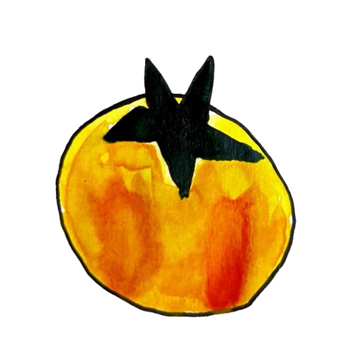 Yellow-to-orange watercolor apple with a black bat silhouette emerging from the top.
