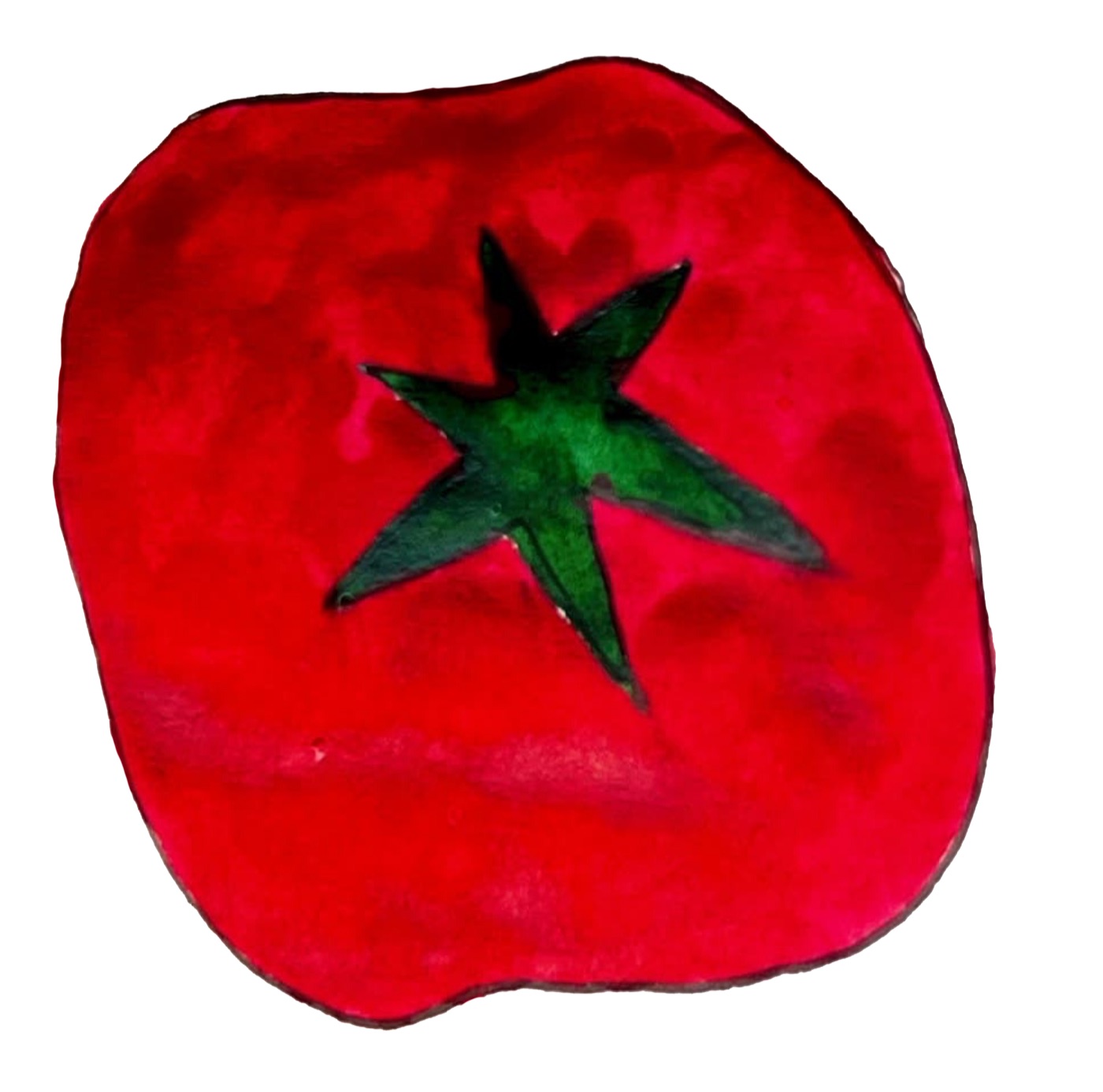 Watercolor painting of a red tomato with a green star-shaped sepal on white background.