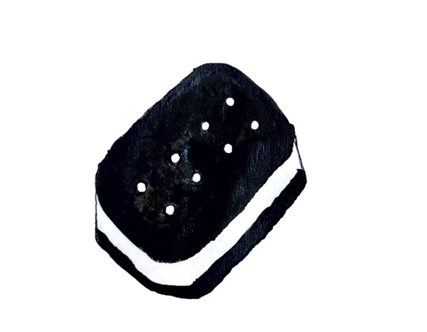 Abstract black rectangular form with rounded corners and a white dot pattern.
