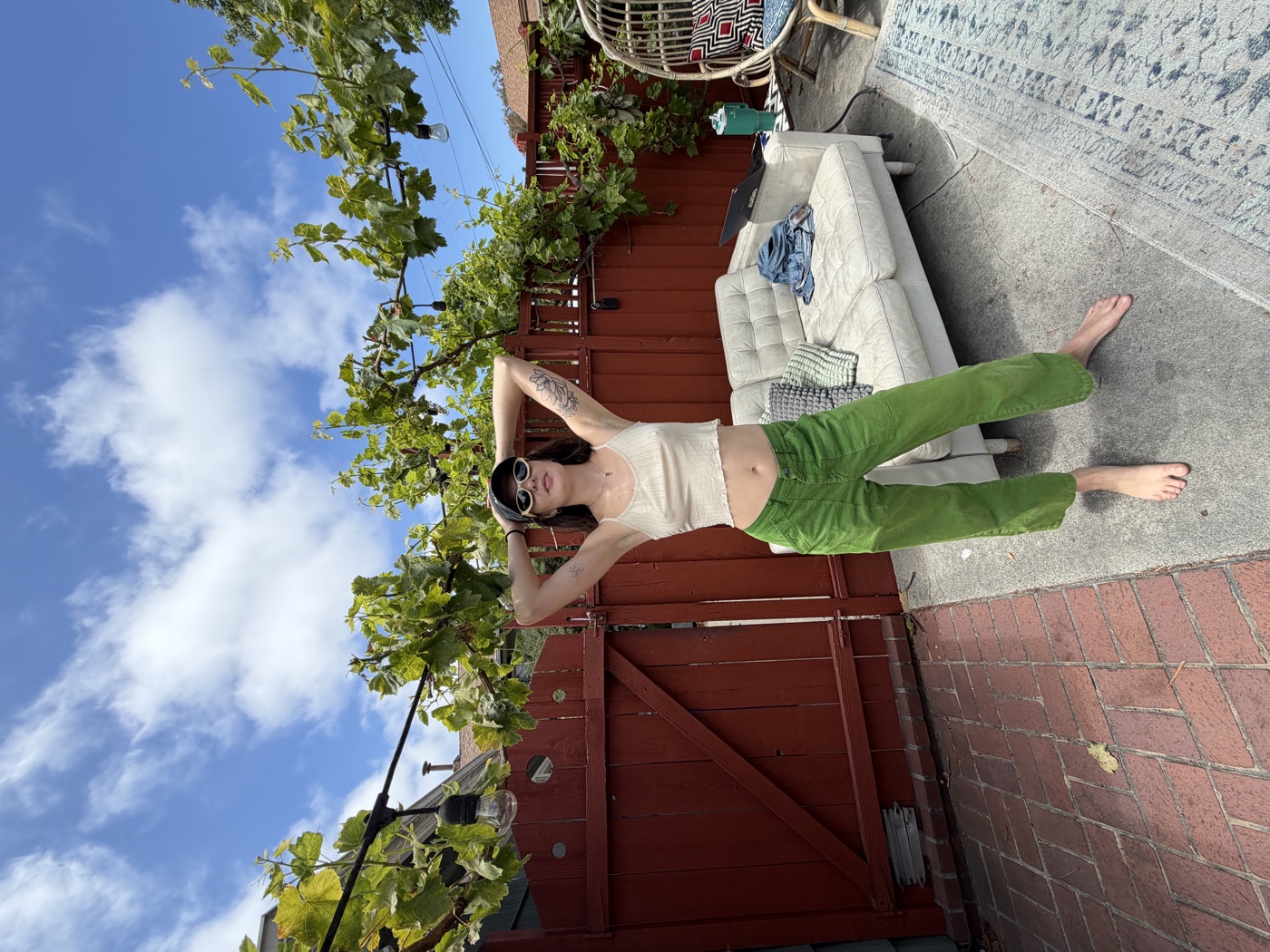 A person in sunglasses and green pants stands with arms raised in a sunny residential backyard.