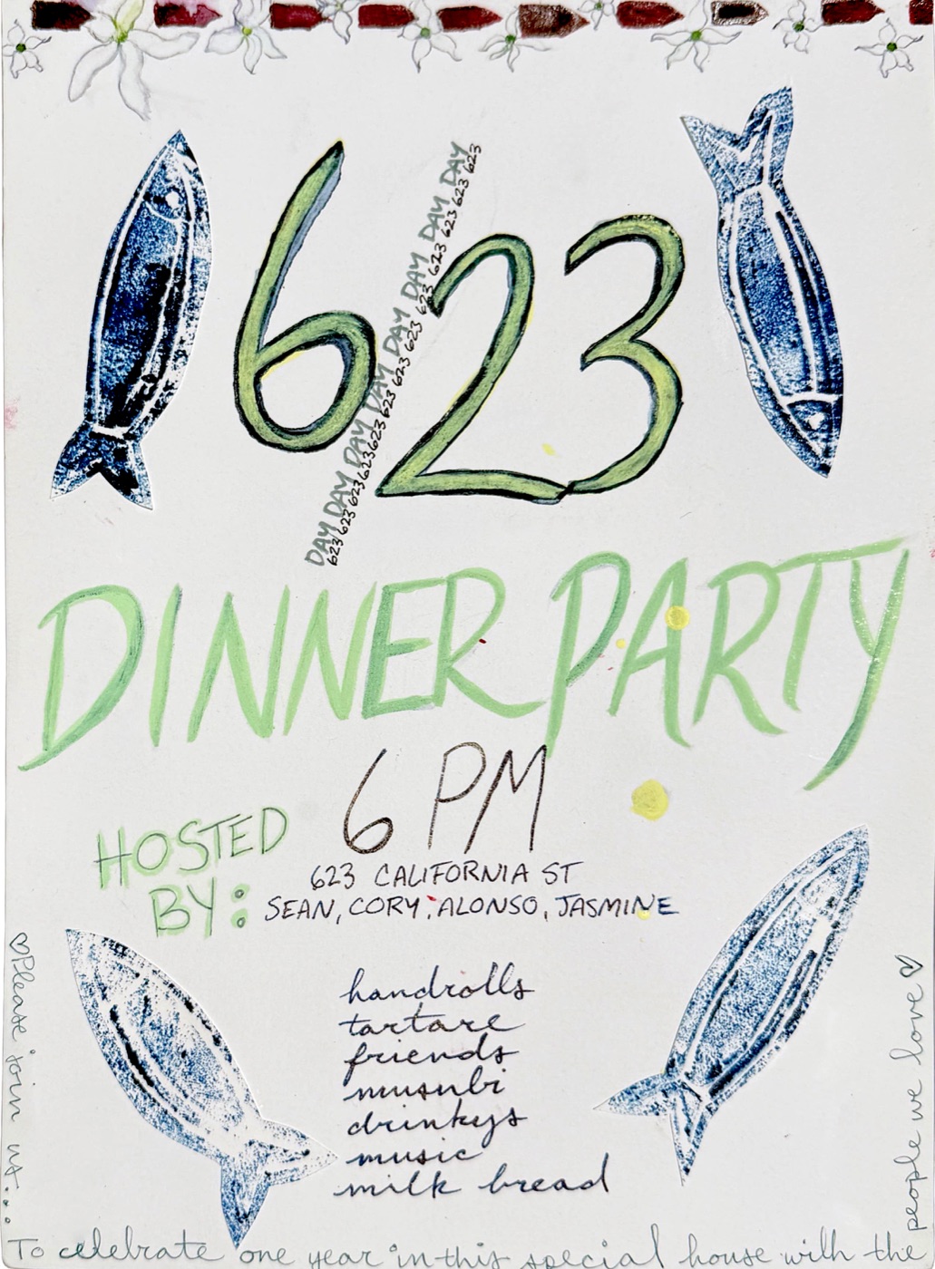 A hand-drawn poster with blue fish illustrations, the date 6/23, and text advertising a dinner party.
