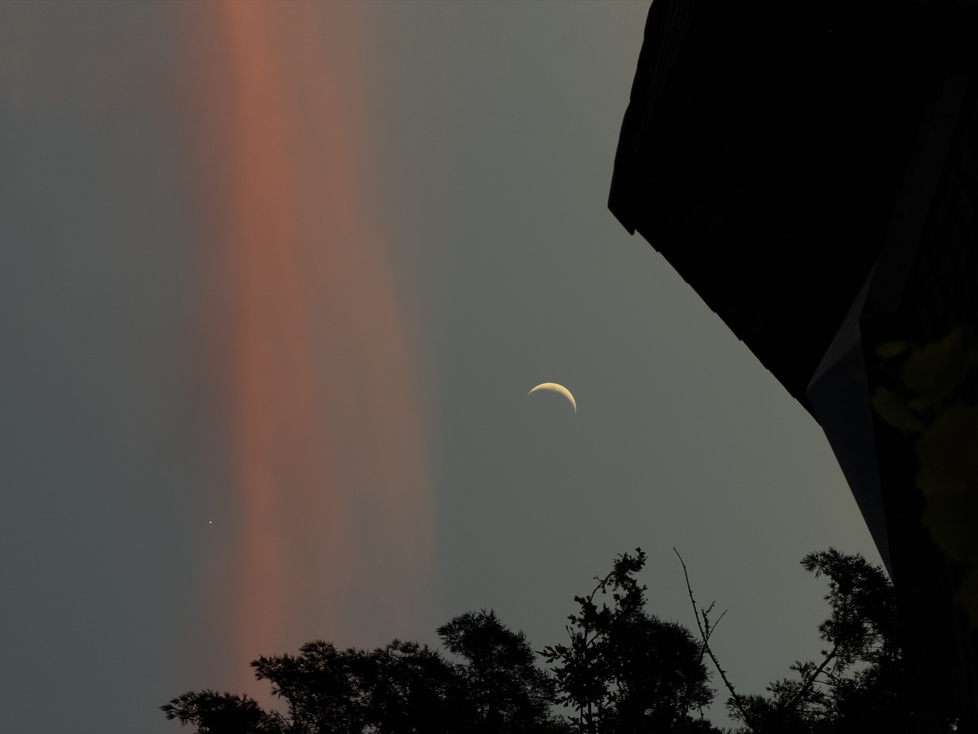 A crescent moon in a twilight sky with tree branches and a rooftop silhouetted in front.