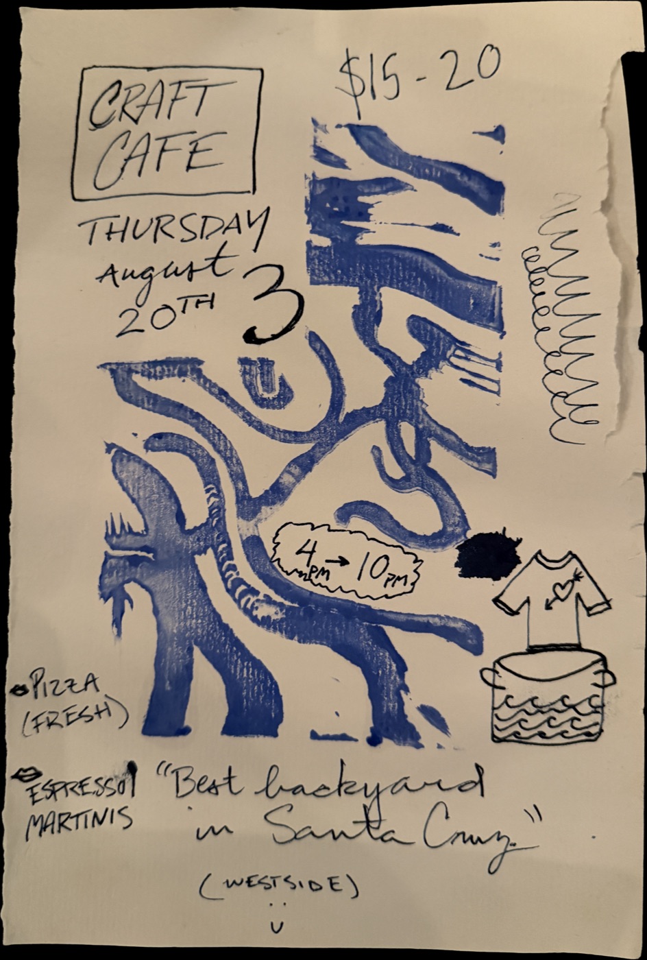 A cream notecard with hand-drawn blue abstract art and handwritten text announcing a Craft Cafe event on Thursday August 20th.