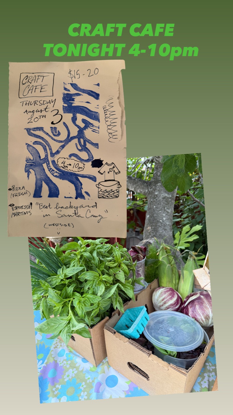 A green-background collage of a handwritten Craft Cafe flyer beside a photo of basil and vegetables in cardboard boxes.