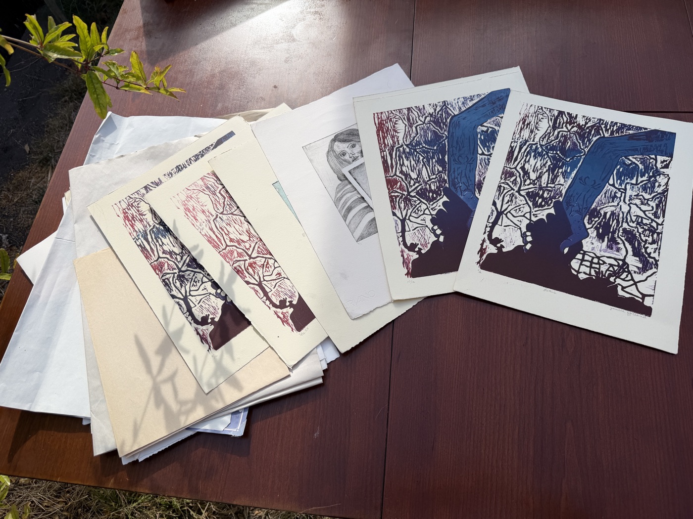 Printed pages with ink drawings in black, red, and blue arranged on a wooden table.