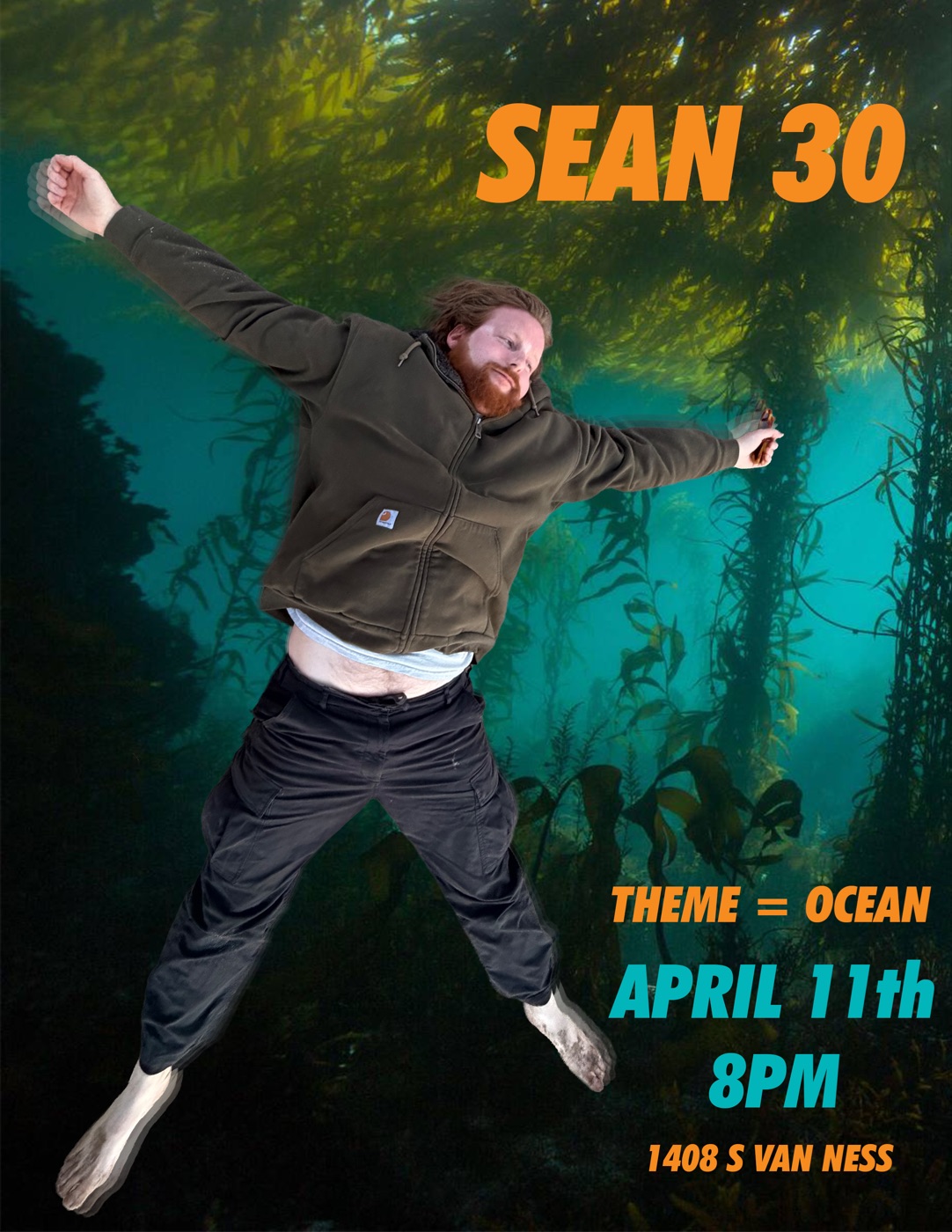 An event poster of a person jumping in an underwater kelp forest, with the text SEAN 30, THEME = OCEAN, APRIL 11th 8PM.