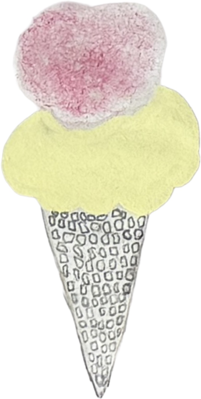 A hand-painted double-scoop ice cream cone with pink and pale yellow scoops.