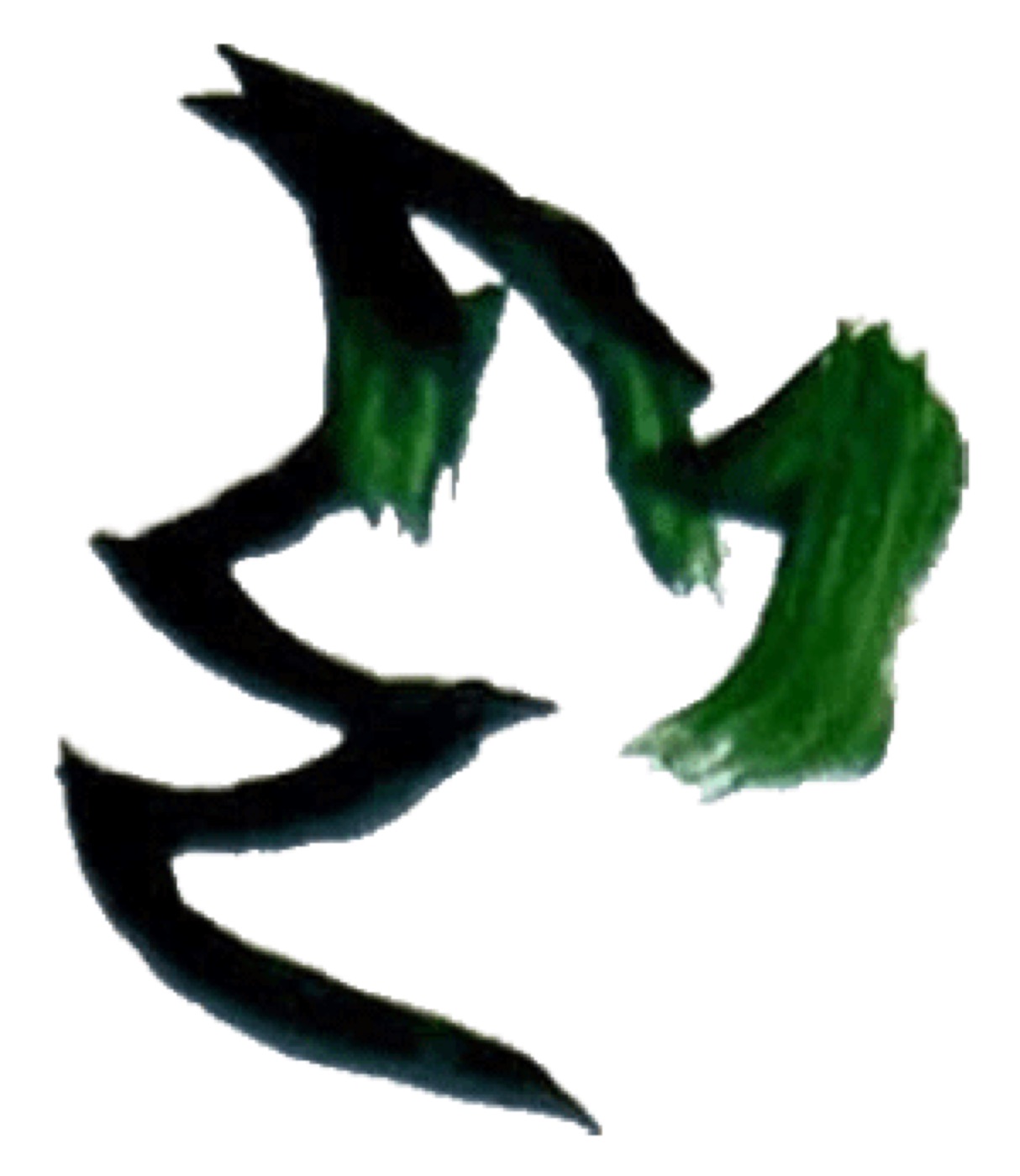 An abstract painting of black and green brushstrokes forming organic shapes.